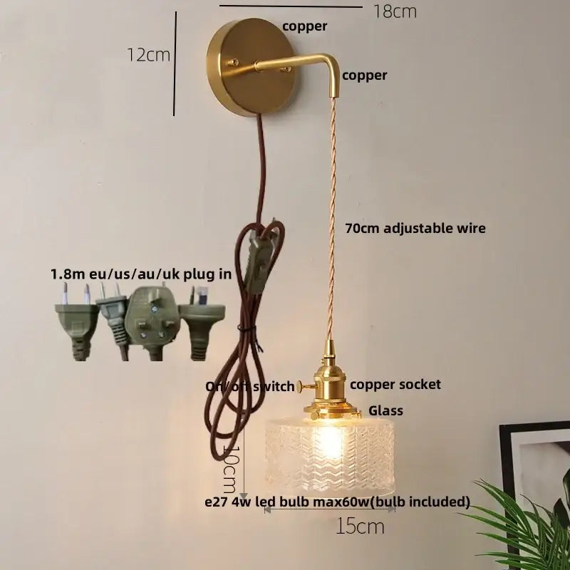 Modern gold fluted clear glass led wall light with vintage copper sconce and textured shade for elegant decorbites clear glass decor