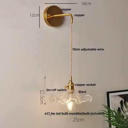 Vintage-style copper wall light with fluted clear glass led shade and adjustable wire for modern bedroom decorbites