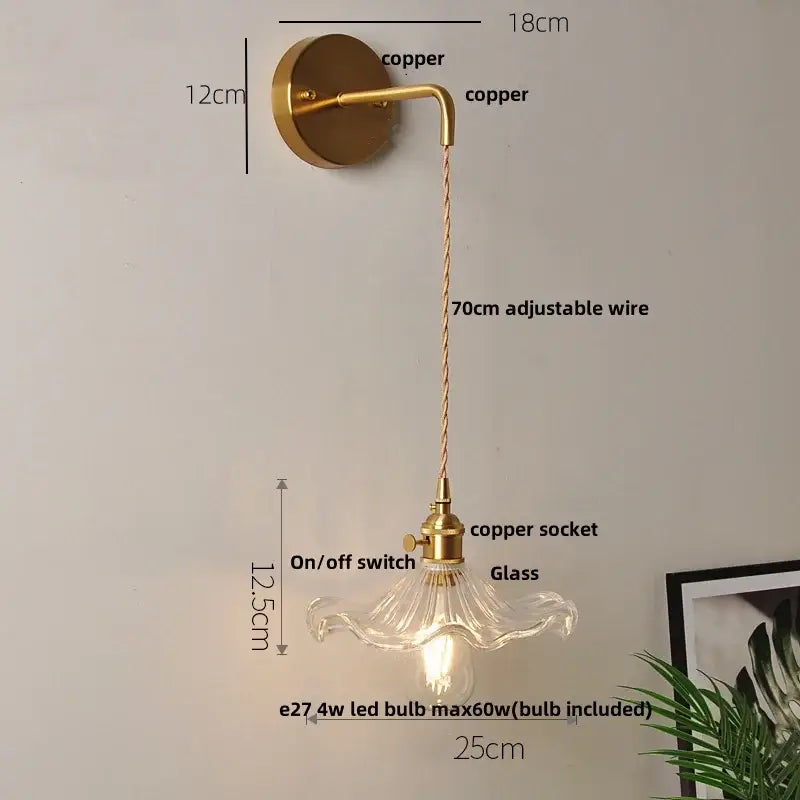 Vintage-style copper wall light with fluted clear glass led shade and adjustable wire for modern bedroom decorbites