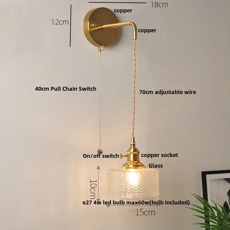 Vintage-style copper wall light with decorbites clear glass textured shade and adjustable wire for bedroom use