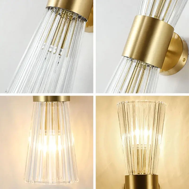 Modern gold fluted crystal wall sconce with clear faceted glass rods for living room decorbites crystal wall lighting