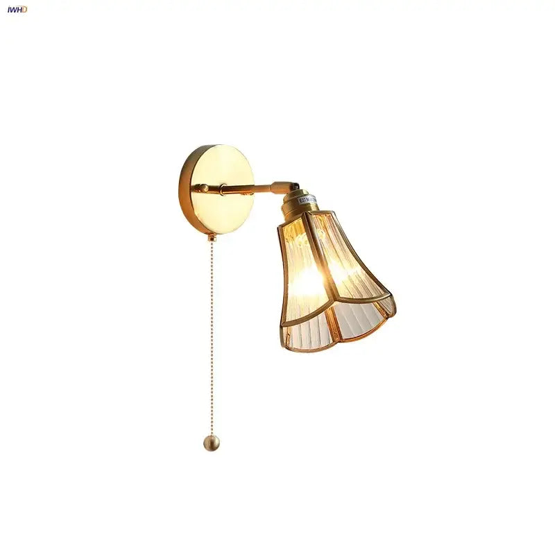 Modern gold wall lights with fluted translucent glass shade and ornate metal pull chain decorbites led wall sconce