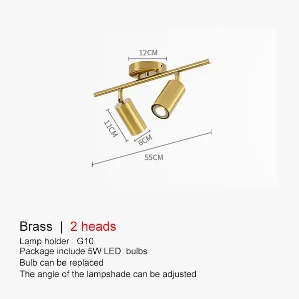 Modern gold four light ceiling spotlight in brass with two adjustable g10 led lamp heads for decorbites adjustable led ceiling