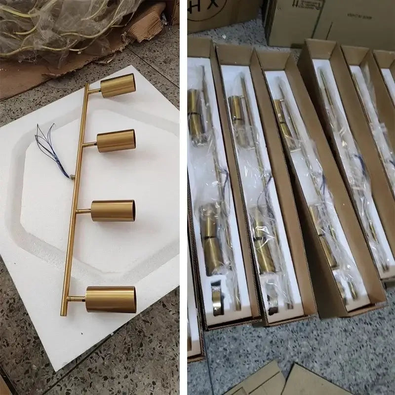 Modern gold four light adjustable led ceiling spotlight with gold-finished metal and three cylindrical bulbs decorbites adjustable led ceiling