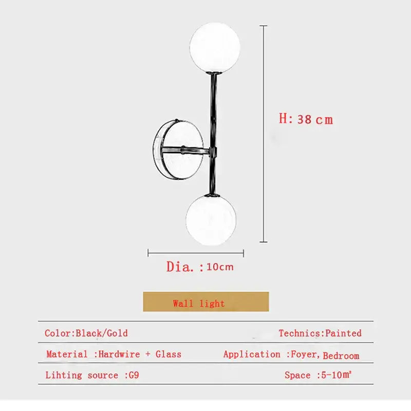 Modern gold led wall sconce with frosted glass globes and black and gold hardwire frame for bedroom lighting