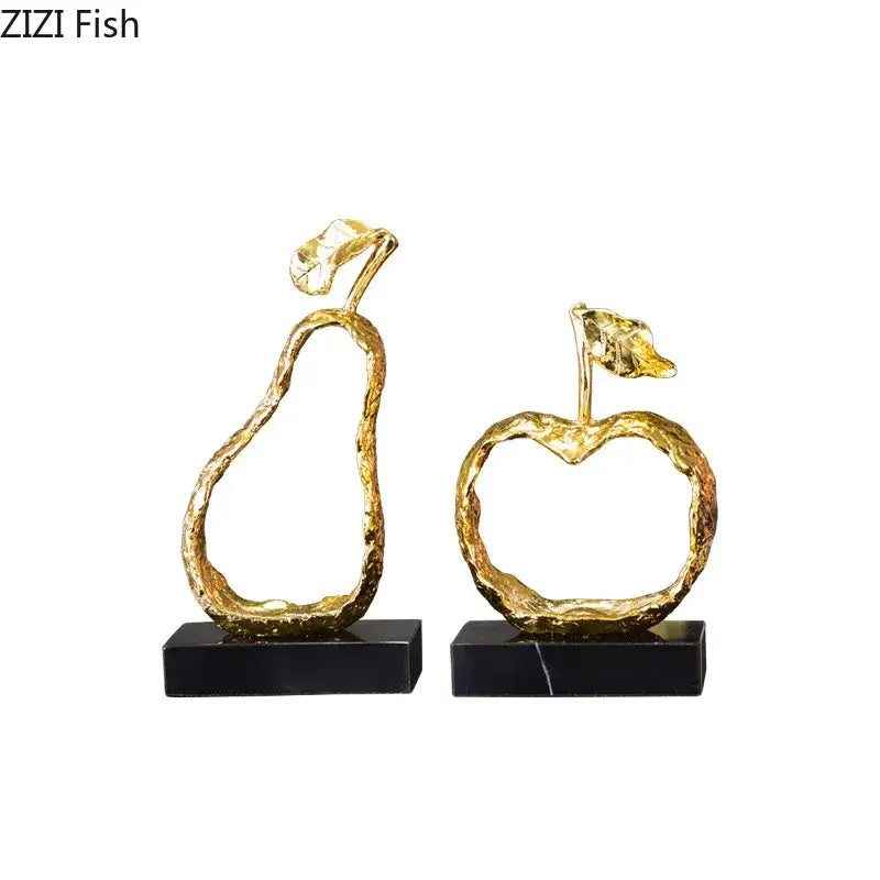Modern gold fruit shaped metal crafts pear and apple sculptures on black marble base for living room decorbites decor