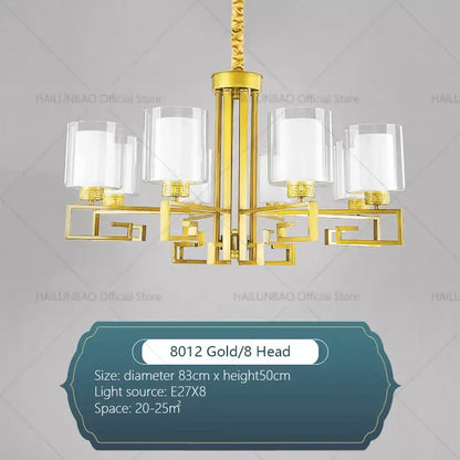 Modern gold geometric chandelier with eight clear glass shades and metal arms for luxury living room lighting