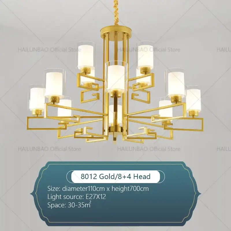 Modern gold geometric chandelier with eight frosted glass shades and four lights for luxury living room spaces