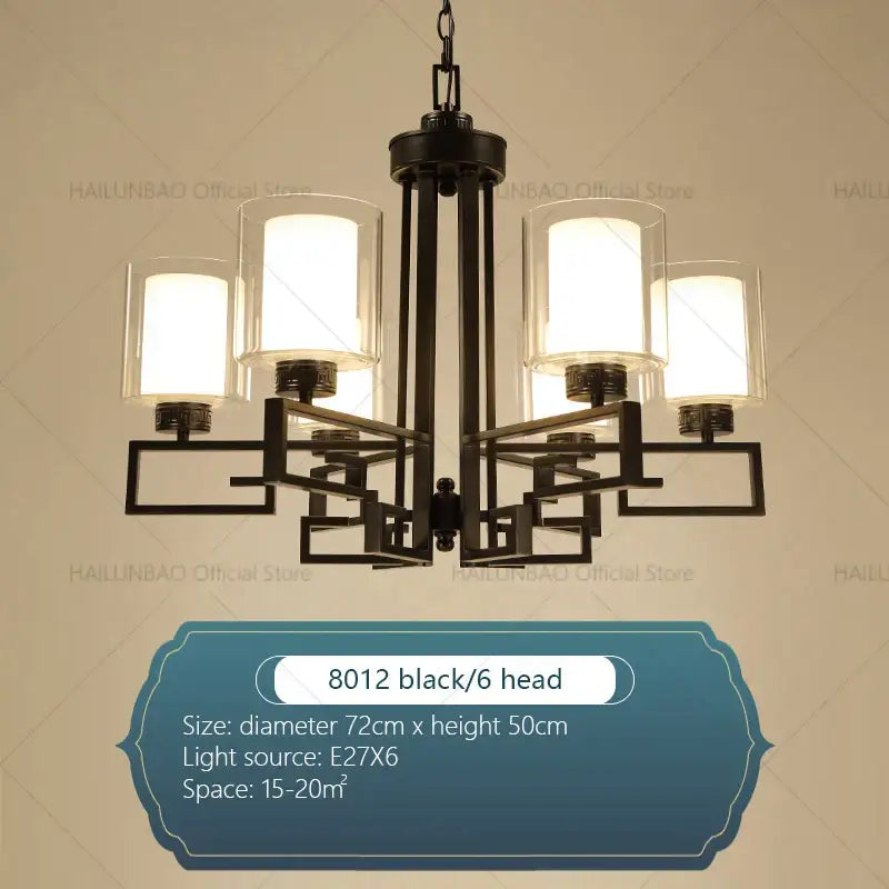 Black metal living room chandelier with six clear glass shades for luxury living room lighting