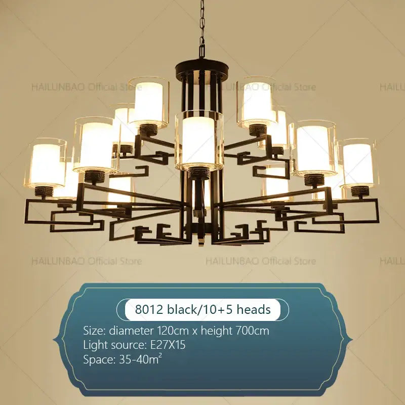 Black wrought iron living room chandelier with ten frosted glass shades and ornate geometric design for luxury living room