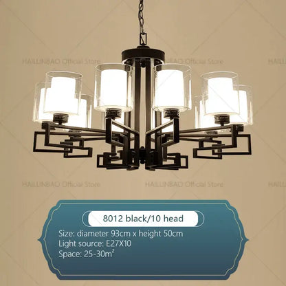 Black metal living room chandelier with ten clear glass shades for luxury living room lighting