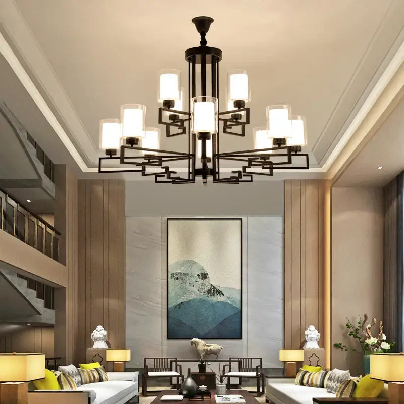 Black metal chandelier with frosted glass shades perfect for luxury living room chandelier and living room lighting