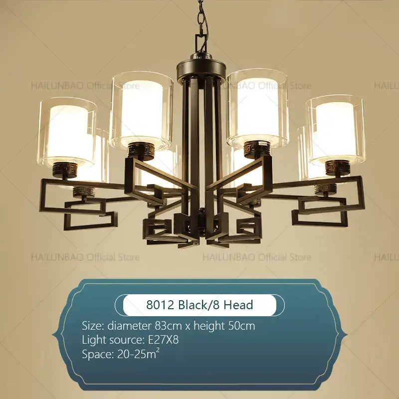 Black wrought iron living room chandelier with eight clear glass shades for luxury living room lighting