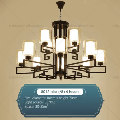 Black metal living room chandelier with eight frosted glass shades and four decorative elements for luxury living room