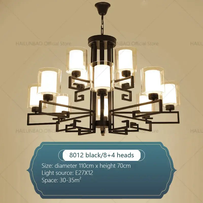 Black metal living room chandelier with eight frosted glass shades and four decorative elements for luxury living room