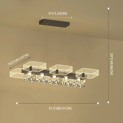 Modern gold geometric cube chandelier with three illuminated wireframe baskets and crystal accents fixture width 110v-120v
