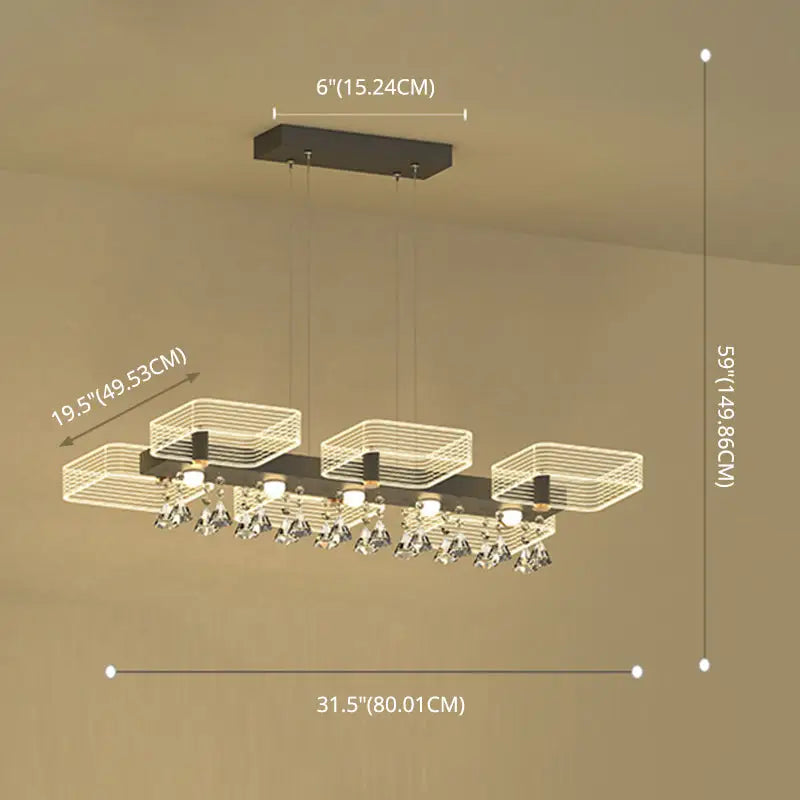 Modern gold geometric cube chandelier with three illuminated wireframe baskets and crystal accents fixture width 110v-120v