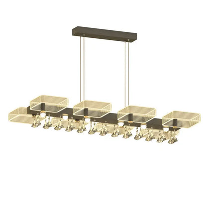 Modern gold geometric cube chandelier with dark bronze frame and crystal accents fixture width suitable for 110v-120v use