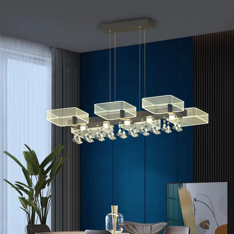 Modern gold geometric cube chandelier with sleek metallic frame crystal droplets and warm led lighting fixture width 110v-120v