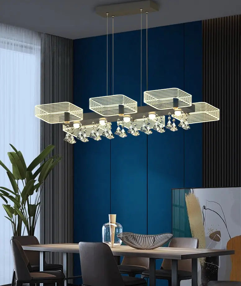 Modern gold geometric cube chandelier with sleek metallic frame and crystal droplets designed for 110v-120v fixture width