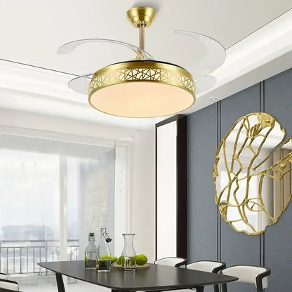Modern gold decorbites ceiling fan with transparent blades and geometric LED light fixture for living room use