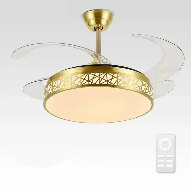 Modern gold geometric decorbites ceiling fan with clear acrylic blades and integrated led lighting for living room use