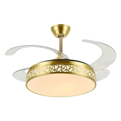 Modern gold decorbites ceiling fan with frosted glass blades and geometric led light fixture for living room use