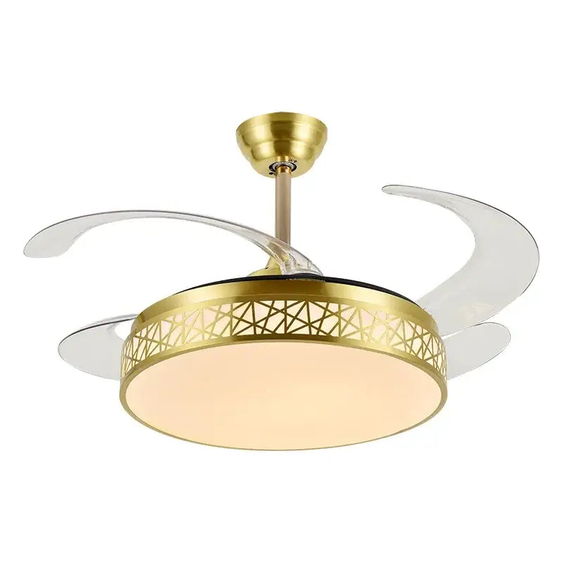 Modern gold decorbites ceiling fan with clear curved blades and geometric patterned led light for living room use