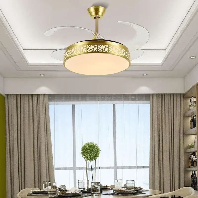 Modern gold decorbites ceiling fan with transparent blades and circular led light fixture for living room use