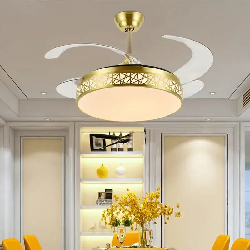 Modern gold decorbites ceiling fan with integrated led light and translucent white blades for living room use