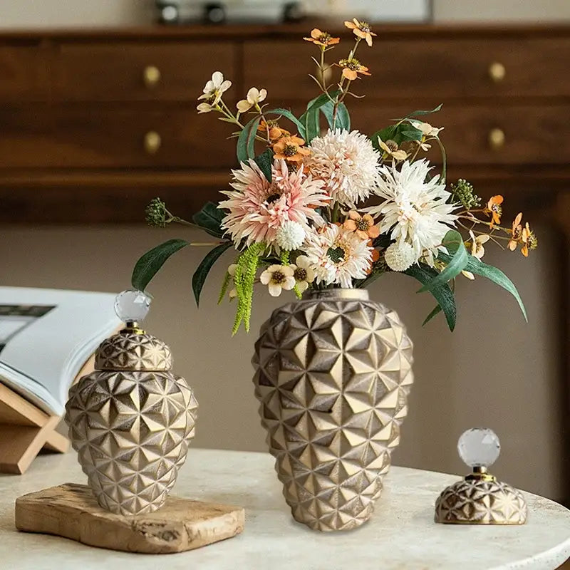 Modern gold geometric diamond ceramic vase with faceted design and matching lid for living room decorbites geometric diamond decor