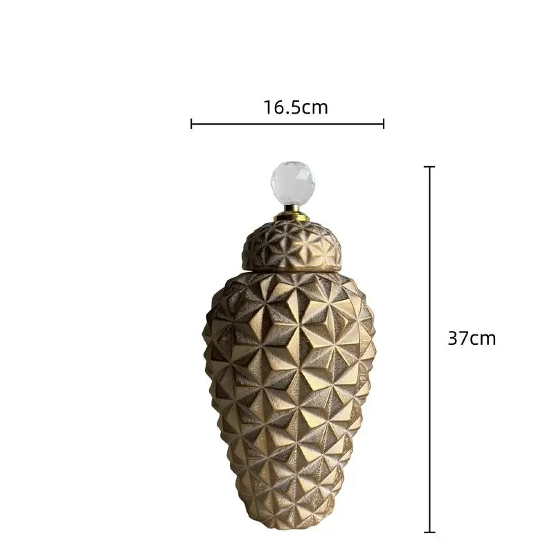 Modern gold geometric diamond ceramic vase with faceted design and clear crystal knob for living room decorbites decor