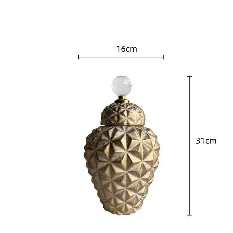 Modern gold geometric diamond ceramic jar with faceted pattern and clear crystal knob for living room decorbites decor