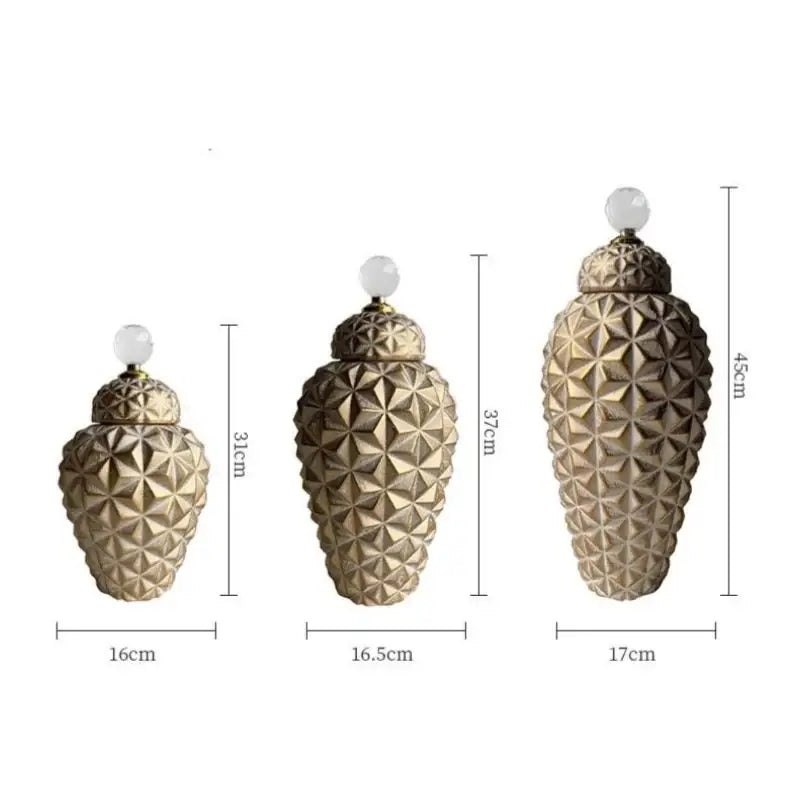 Set of three modern gold geometric diamond ceramic vases with clear glass knobs for living room decorbites decor