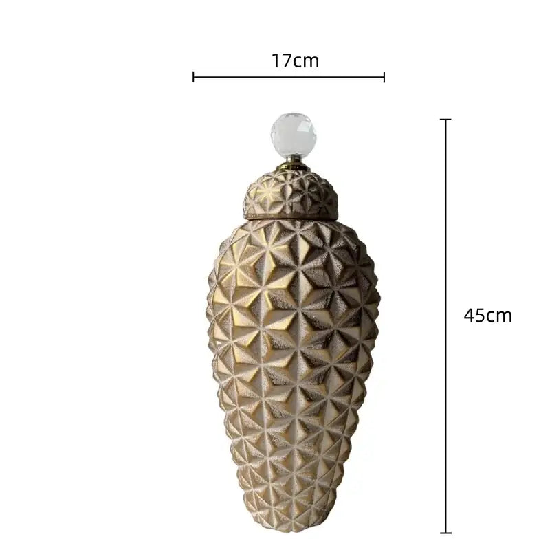 A tall 45cm modern gold geometric diamond ceramic vase with textured pattern and clear crystal knob for living room decor