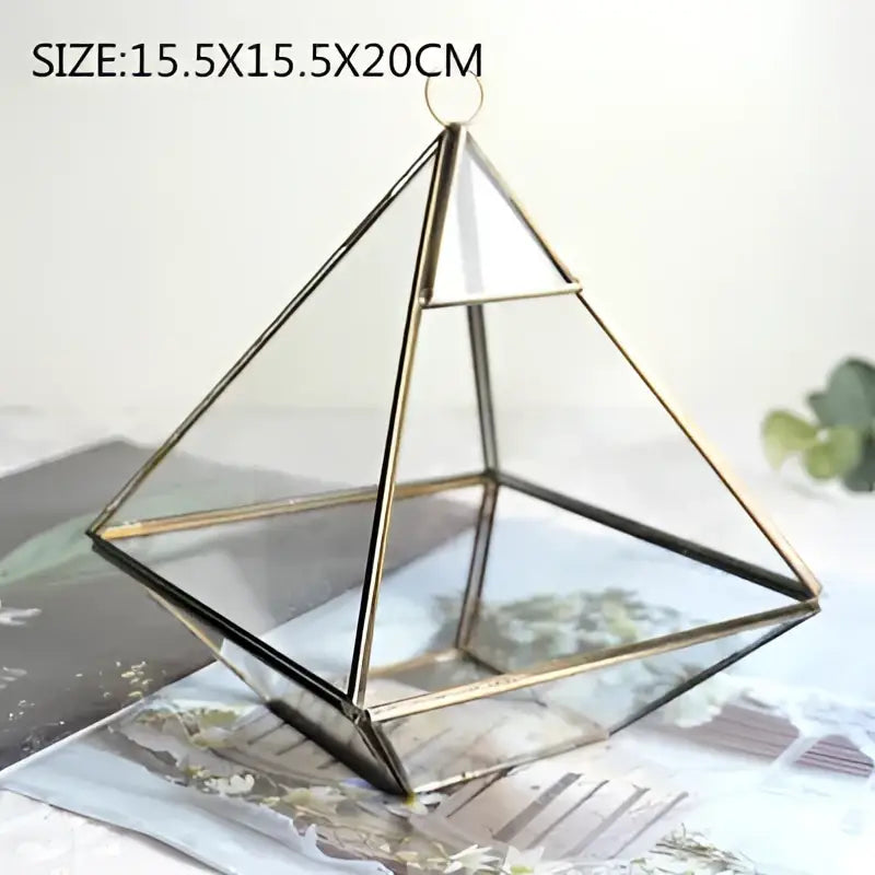 Modern gold geometric glass vase with brass frame shaped like inverted pyramid decorbites geometric glass terrarium