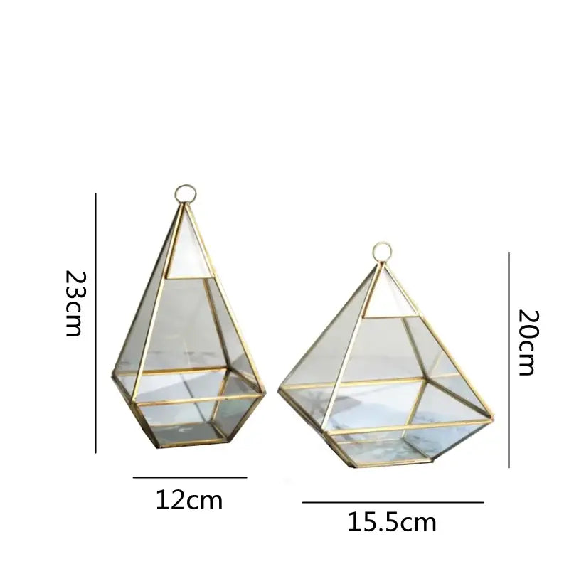 Two decorbites geometric glass vases with gold-toned metal frames for modern living room hanging terrarium decor