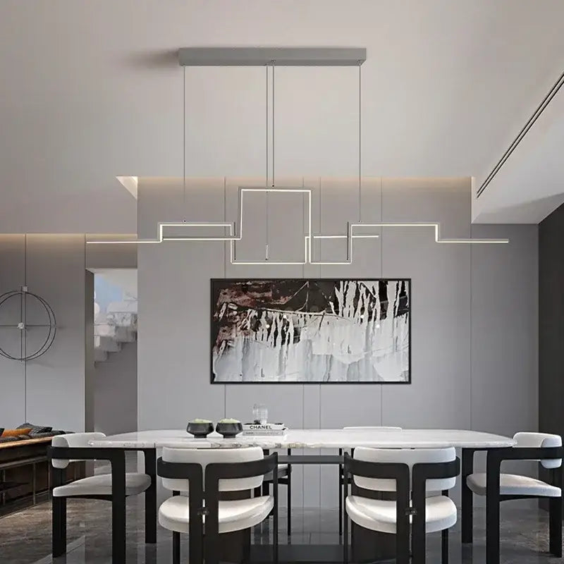 Modern gold geometric led pendant light with sleek white linear design and minimalist rectangular frames for dining room decorbites geometric led pendant