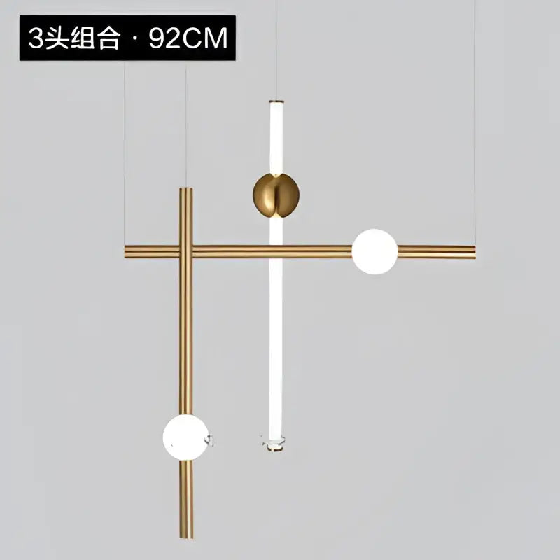 Modern gold geometric line frame pendant lights with three arms and glass globe bulbs for dining room use