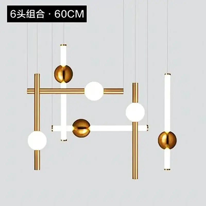 Modern gold and white geometric line frame pendant lights with six illuminated glass globes for dining room use