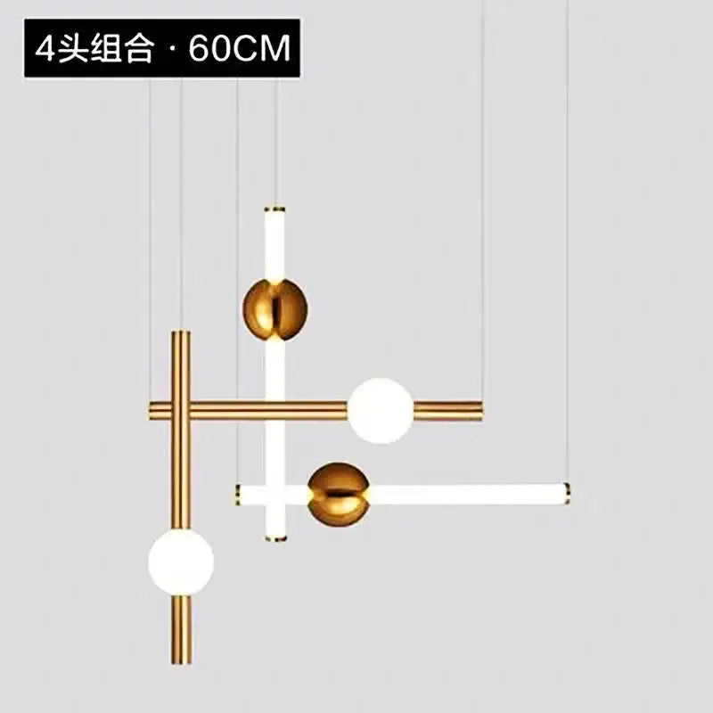 Modern gold geometric line frame pendant lights with metal rods and white cylindrical diffusers for dining room