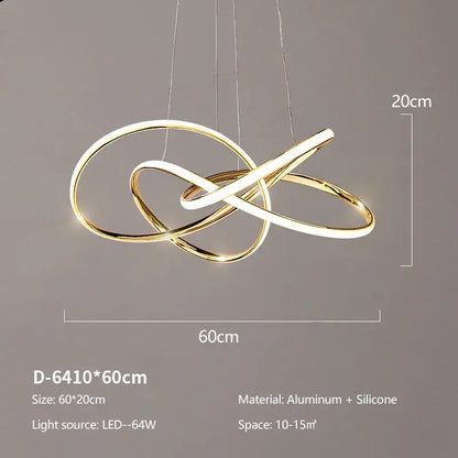 Modern gold geometric line led chandelier featuring intertwined aluminum and silicone rings for dining room decorbites geometric line