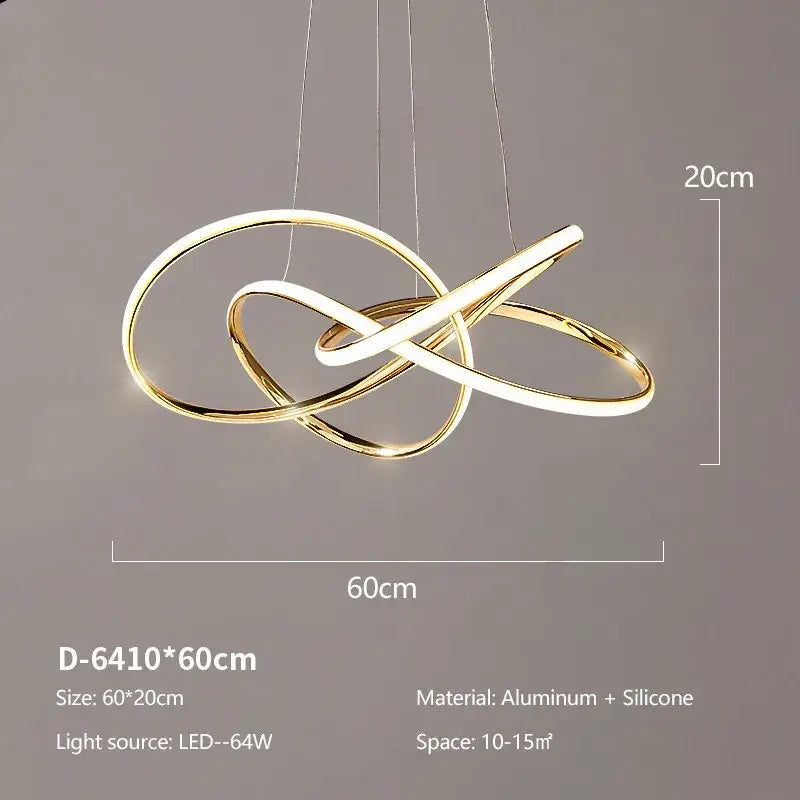 Modern gold geometric line led chandelier featuring intertwined aluminum and silicone rings for dining room decorbites geometric line