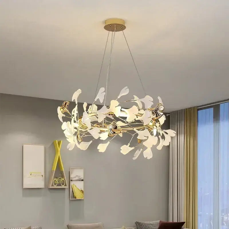 Modern gold ginkgo branch leaf led chandelier with white acrylic leaves and metal frame for living room decorbites ginkgo branch