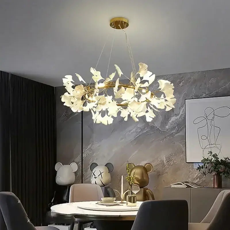 Modern gold ginkgo branch leaf led chandelier with white delicate lights from decorbites for living room decor