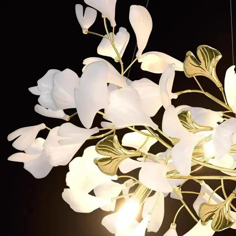 Elegant white and gold decorbites ginkgo branch leaf led chandelier with translucent petals for modern living room decor