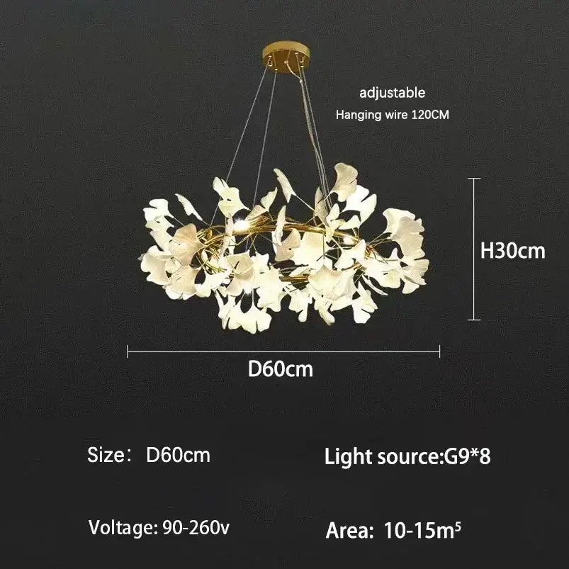Modern gold ginkgo branch leaf led chandelier with elegant white leaves and gold-toned metal frame for living room decorbites ginkgo branch