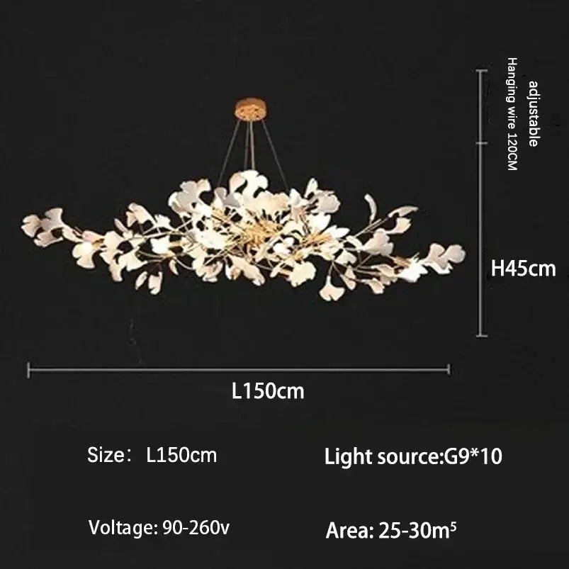 Modern white and gold decorbites ginkgo branch leaf led chandelier with adjustable wire for living room decor