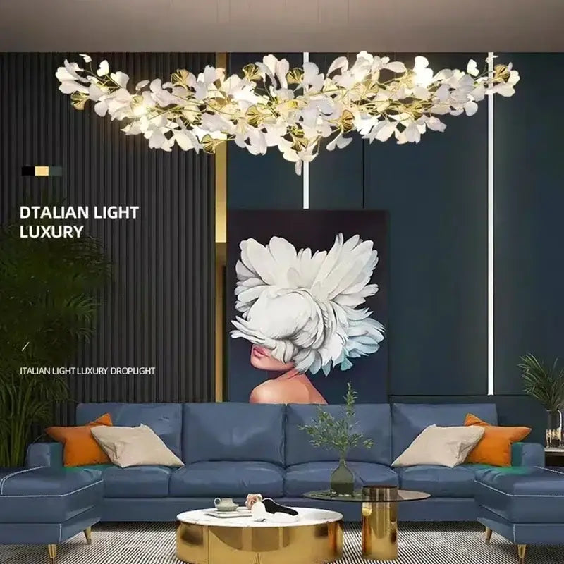 Modern gold ginkgo branch leaf led chandelier with white and gold floral petal decorbites ginkgo branch for living room decor