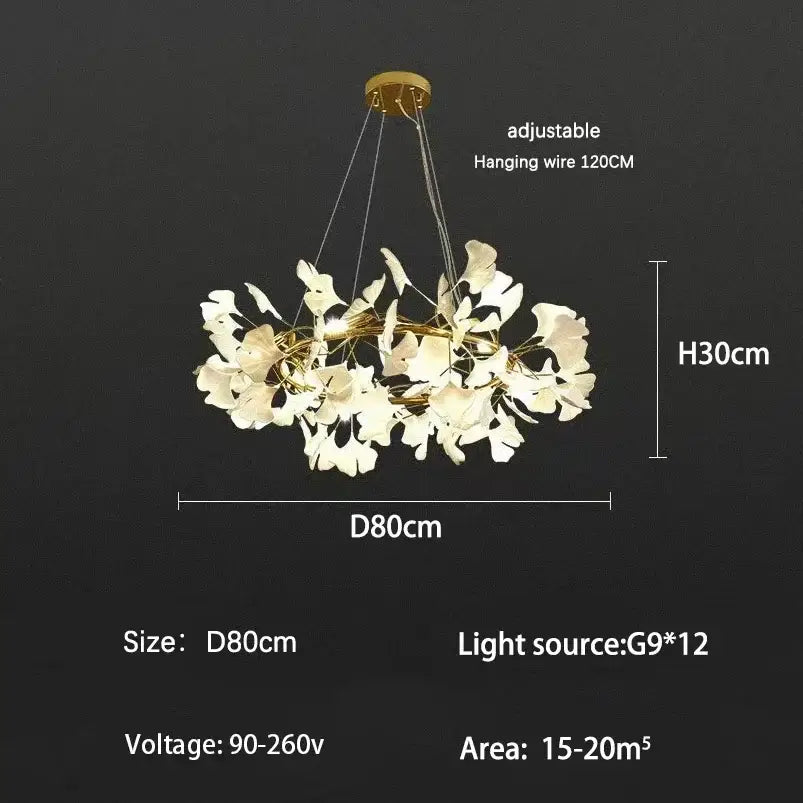 Modern white ginkgo branch leaf led chandelier with gold-toned ceiling mount and adjustable wire for living room decorbites ginkgo branch
